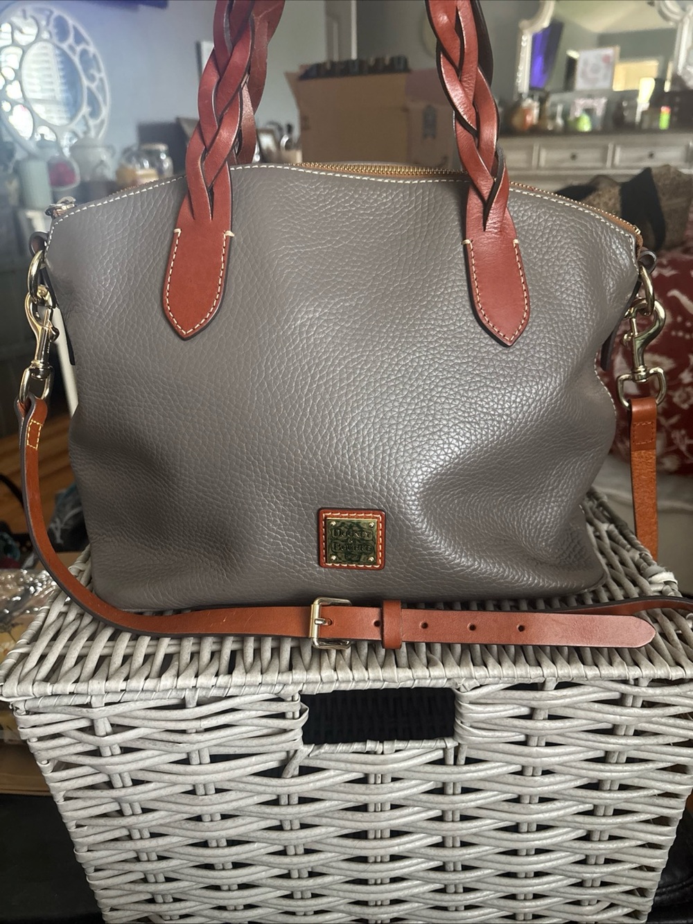 Dooney & Bourke Gray Pebble Leather Satchel with Brown Trim - Picture 4 of 12
